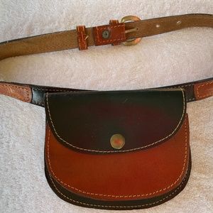 Brown leather belt with brown & black small pouch